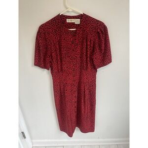 Vintage Liz Claiborne Size 10 Petite Spotted Pattern Button Front Midi Red Black
